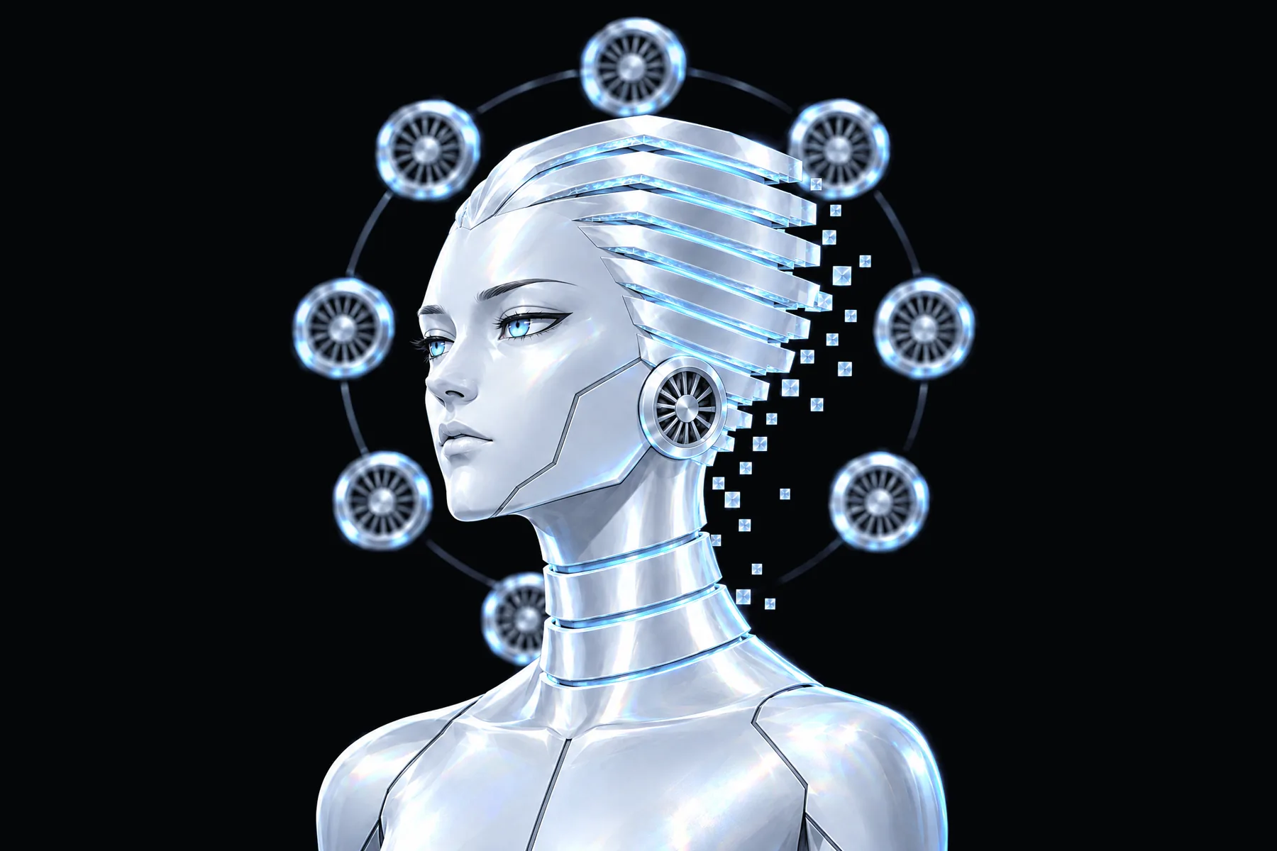 Illustration: FINS, every fin lit, with a ring of eight cooling fans behind its head.