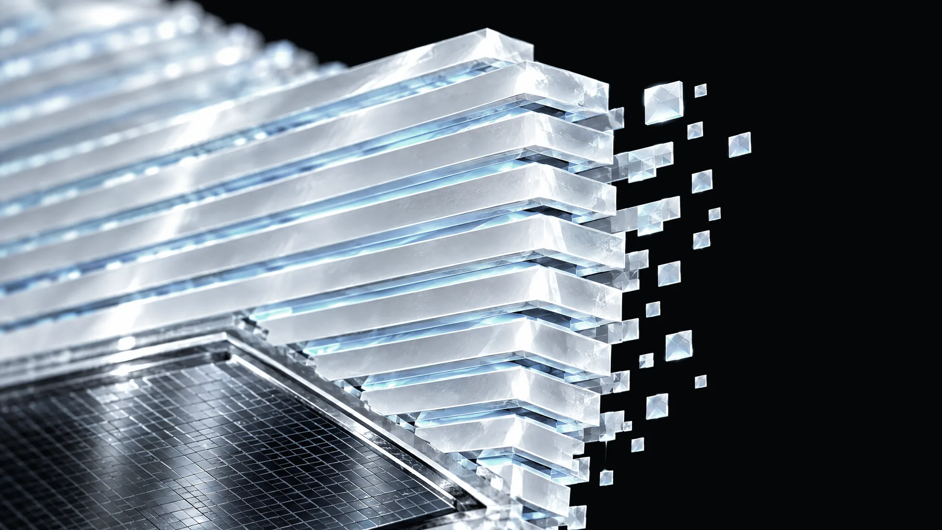 Illustration: a macro of chrome heatsink fins above a silicon die.